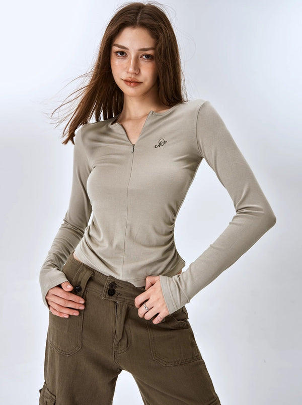 American Retro Round Neck Half-Pull Slim Top