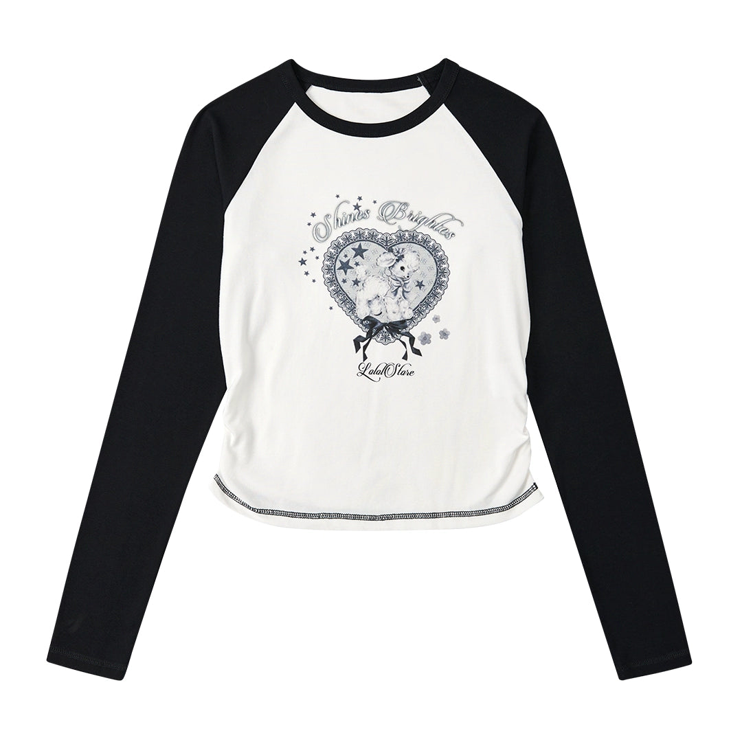 LOLOL ® 24FW American Retro Raglan Langarm-T-Shirt Frauen neuen Druck Kontrast Slim Slim Girl Crop Top