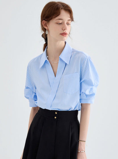 French V-Neck Casual Shirt And Skirt Set-Up