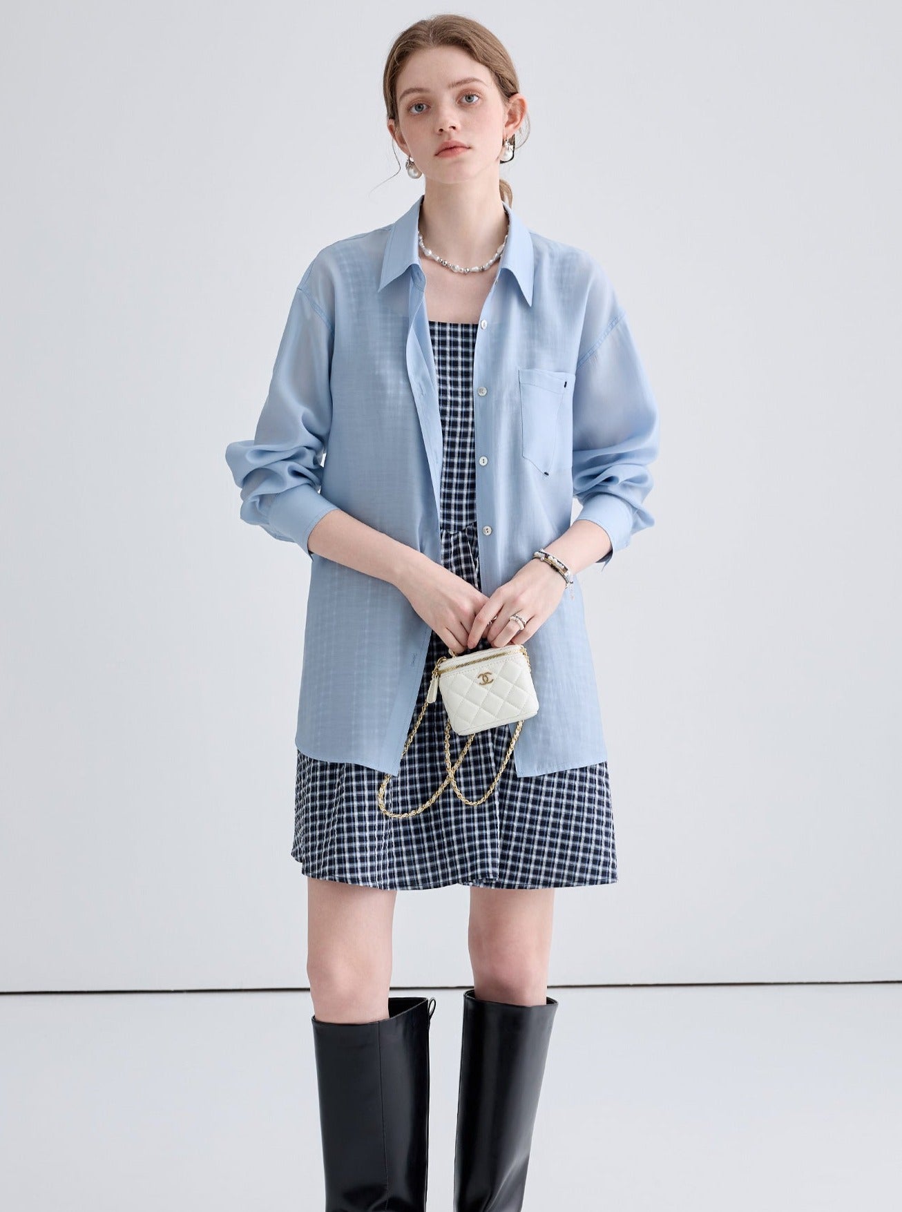 Vintage Blue Shirt With Contrast Check A-Line Dress Set-Up