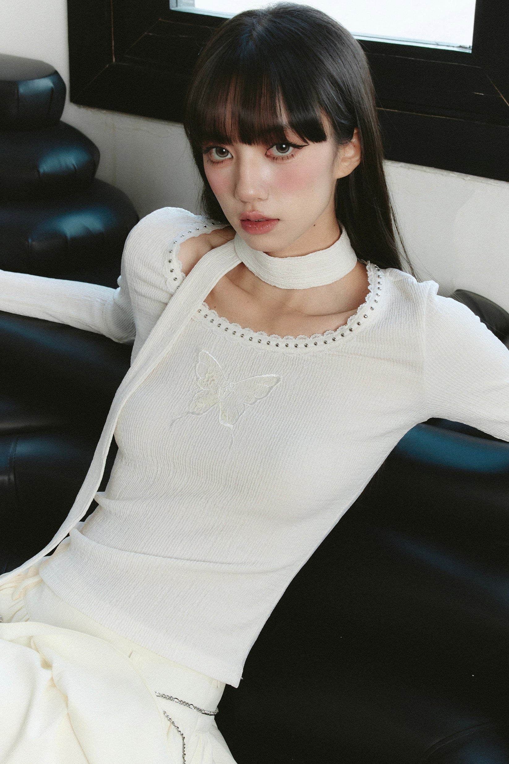 Pre Order: White Butterfly Embroidered Top With Stylish Olive Skirt main image 0