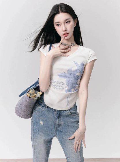 [Spot] fragile store - Floral Lily print V-Ausschnitt trim top geraffte slim T-Shirt mit kurzen Ärmeln