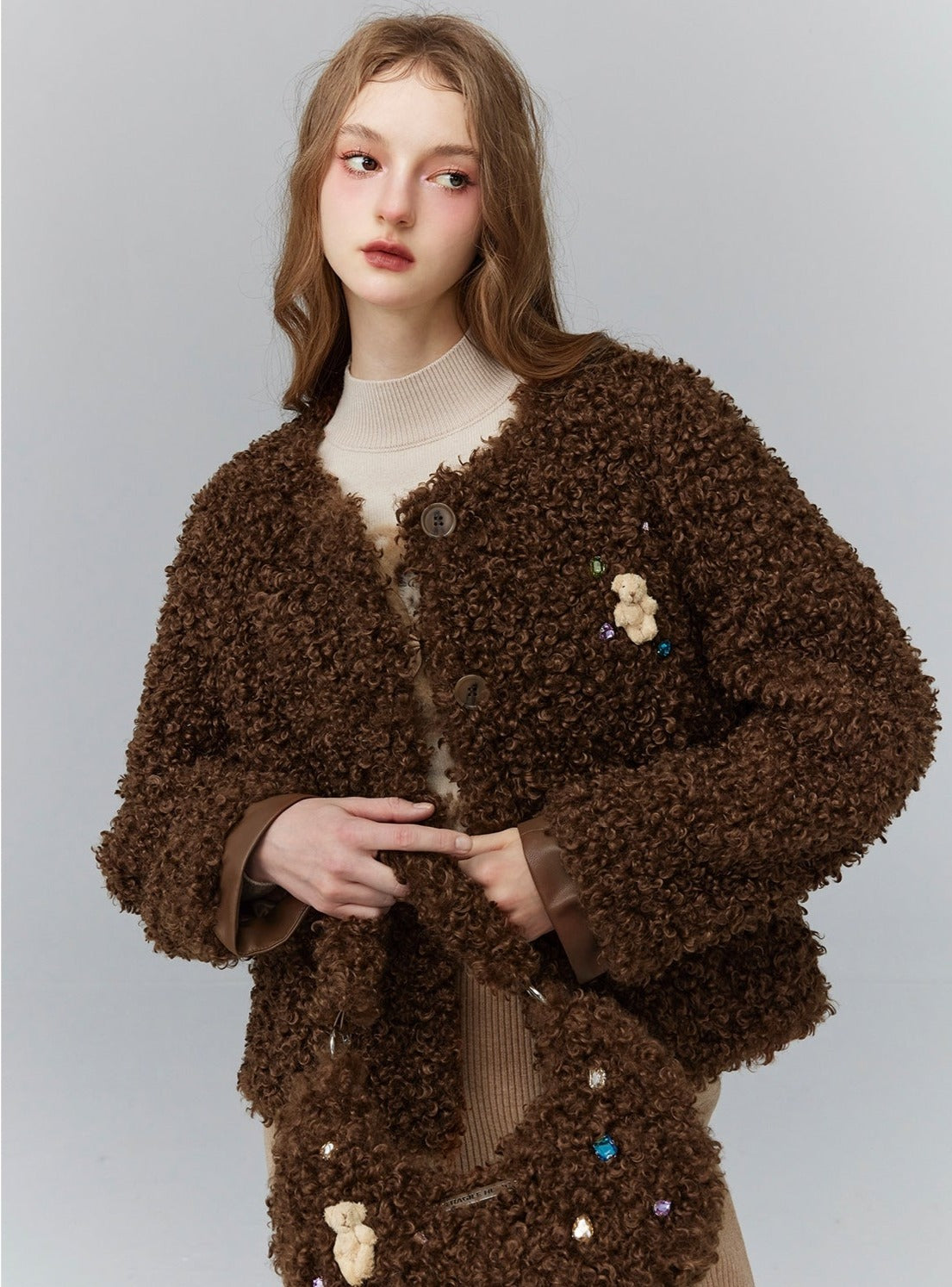 Warm Brown Black Plush Short Jacket