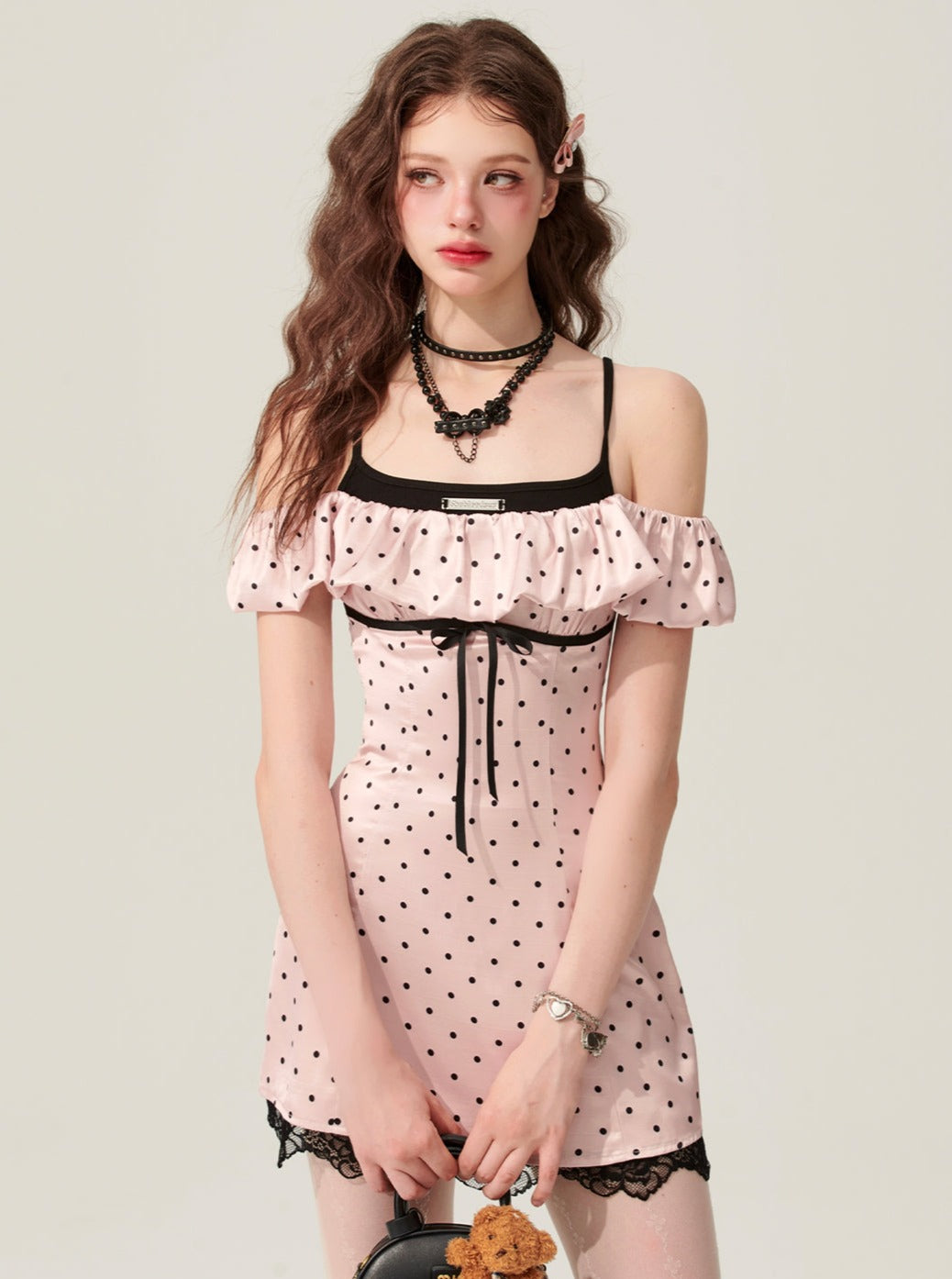 Pink Polka Dot One-Shoulder Dress