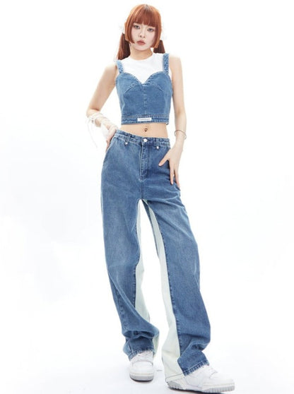 Strap Tank Top Denim Pants Two Piece Set