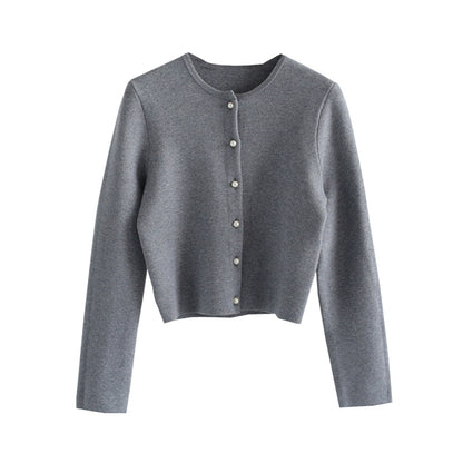 Round Neck Pearl Buckle Knitted Cardigan