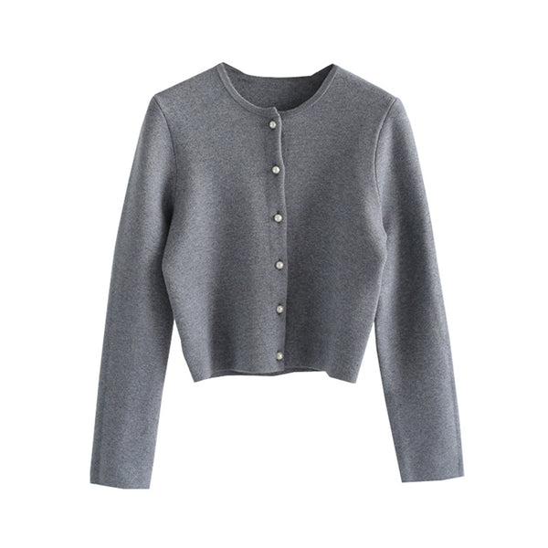 Round Neck Pearl Buckle Knitted Cardigan
