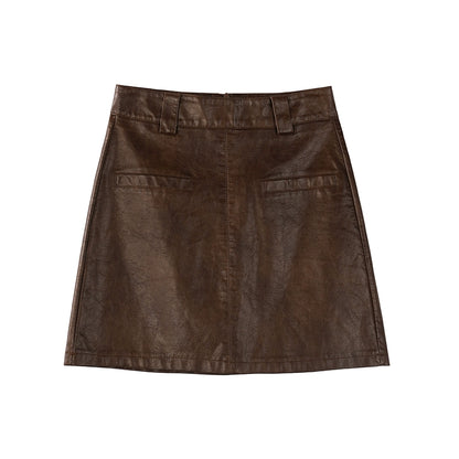 DESIGNER PLUS MAYILLARD BROWN RETRO LEATHER SKIRT WOMEN'S AUTUMN SMALL FIGURE SLIM A-LINE HIP SKIRT