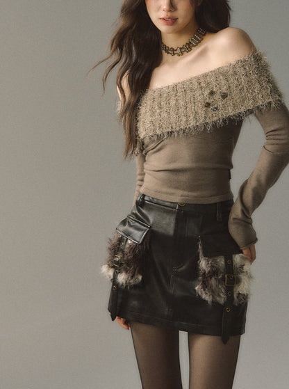 black fur patchwork leather skirt