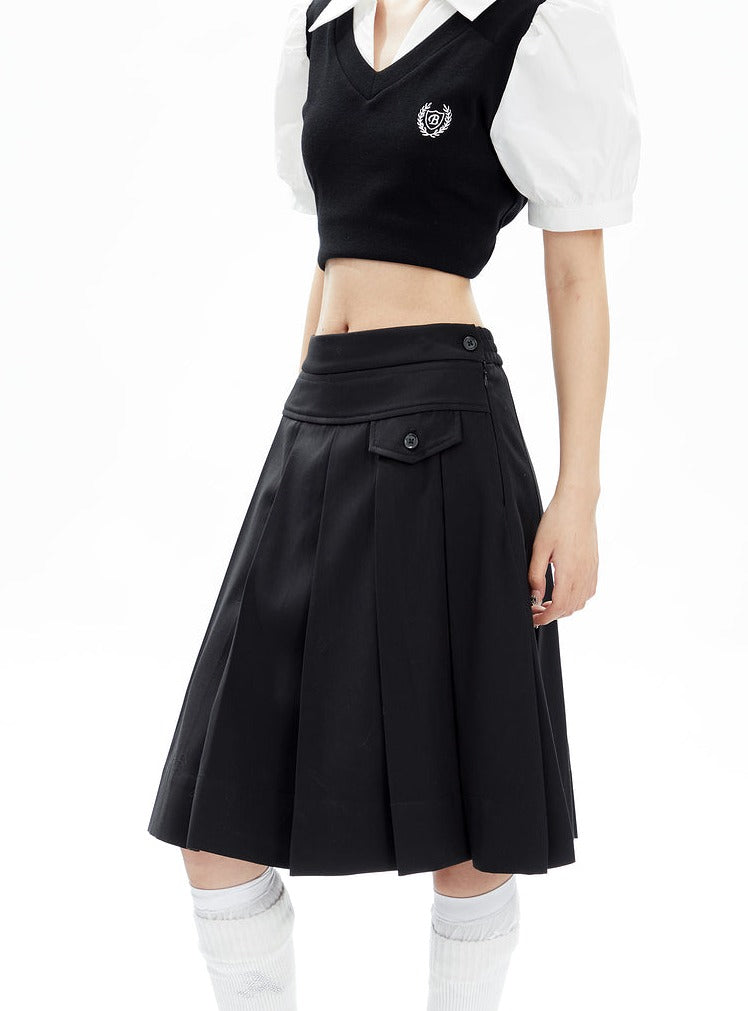 High Waist Pleated A-line Mid length Skirt