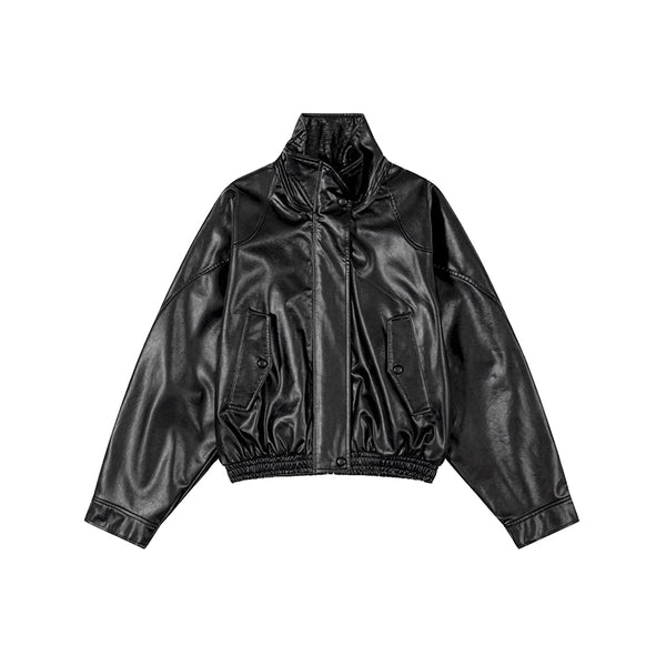 Chic High-Collar PU Leather Jacket