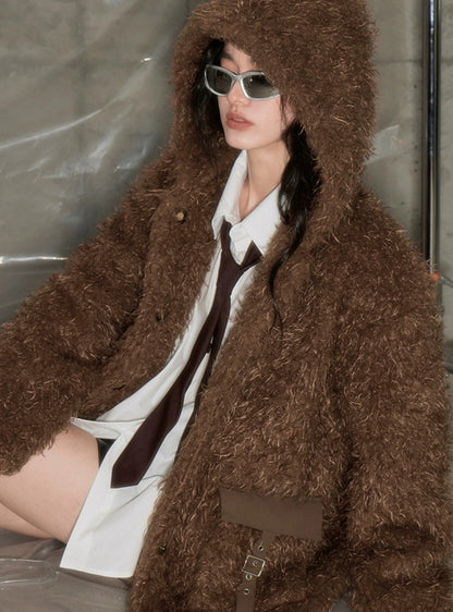 Retro hooded eco-friendly fur jacket