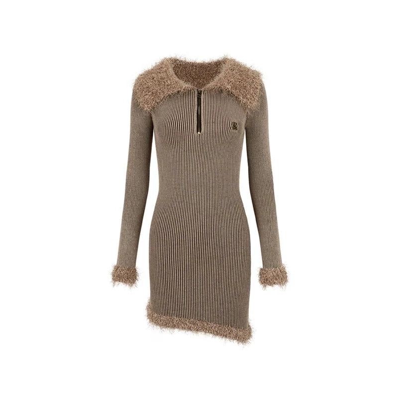 Lapel Large Fur Collar Knitted Dress