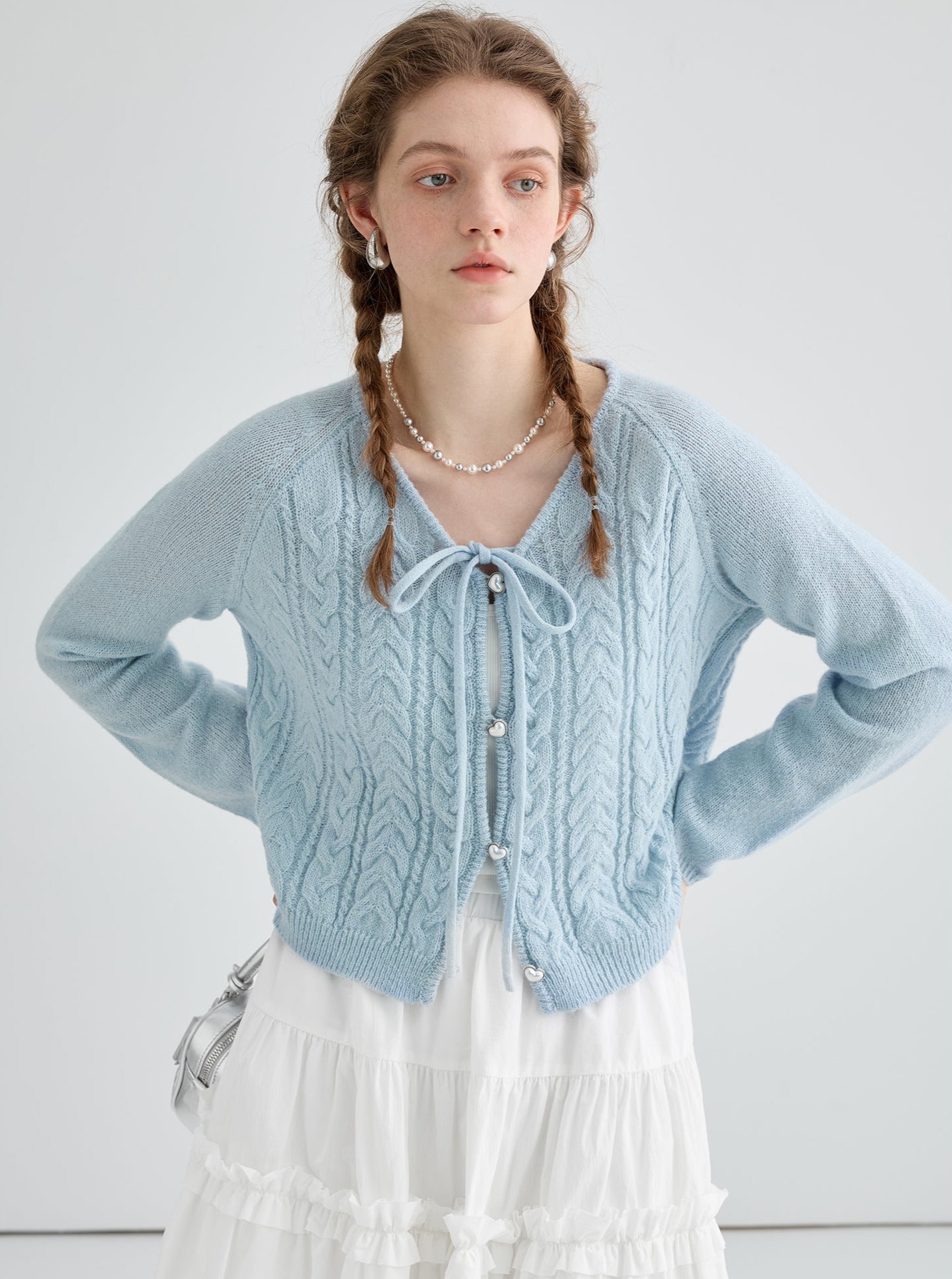 lace-up wool knitted cardigan top