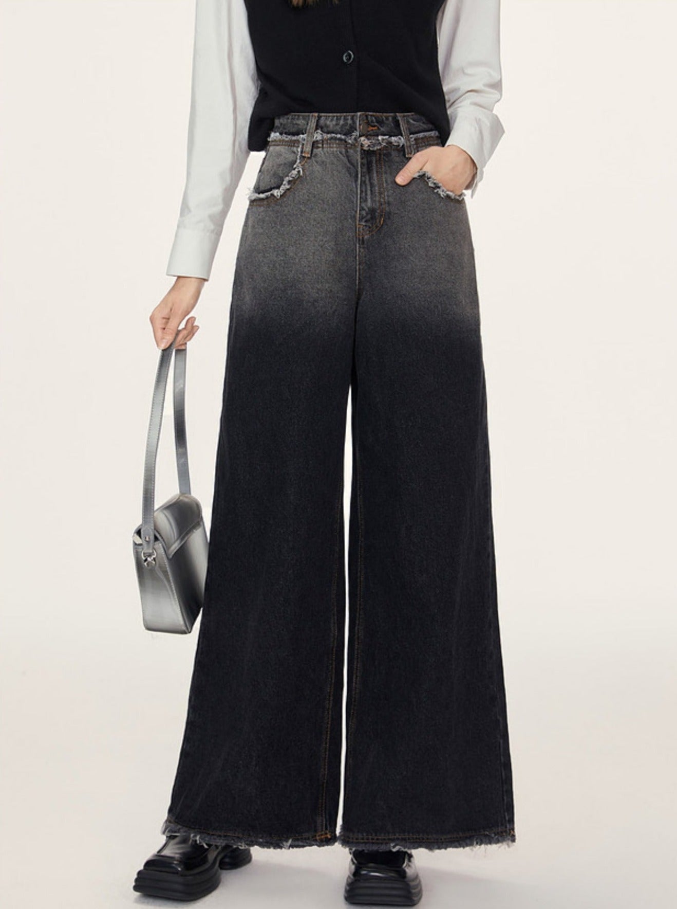 Raw Edge Gradient Wide-Leg Jeans Pants