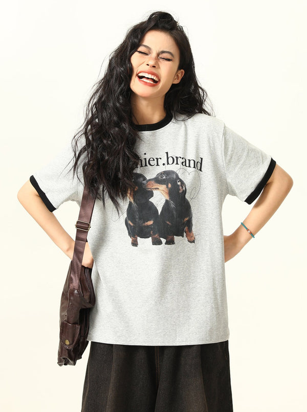 Puppy Shoulder Round Neck Short Sleeve T-Shirt