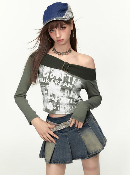 Retro One Shoulder Printed Long Sleeves T-shirt