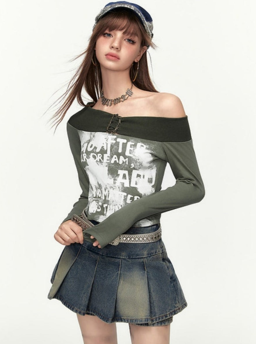 Retro One Shoulder Printed Long Sleeves T-shirt