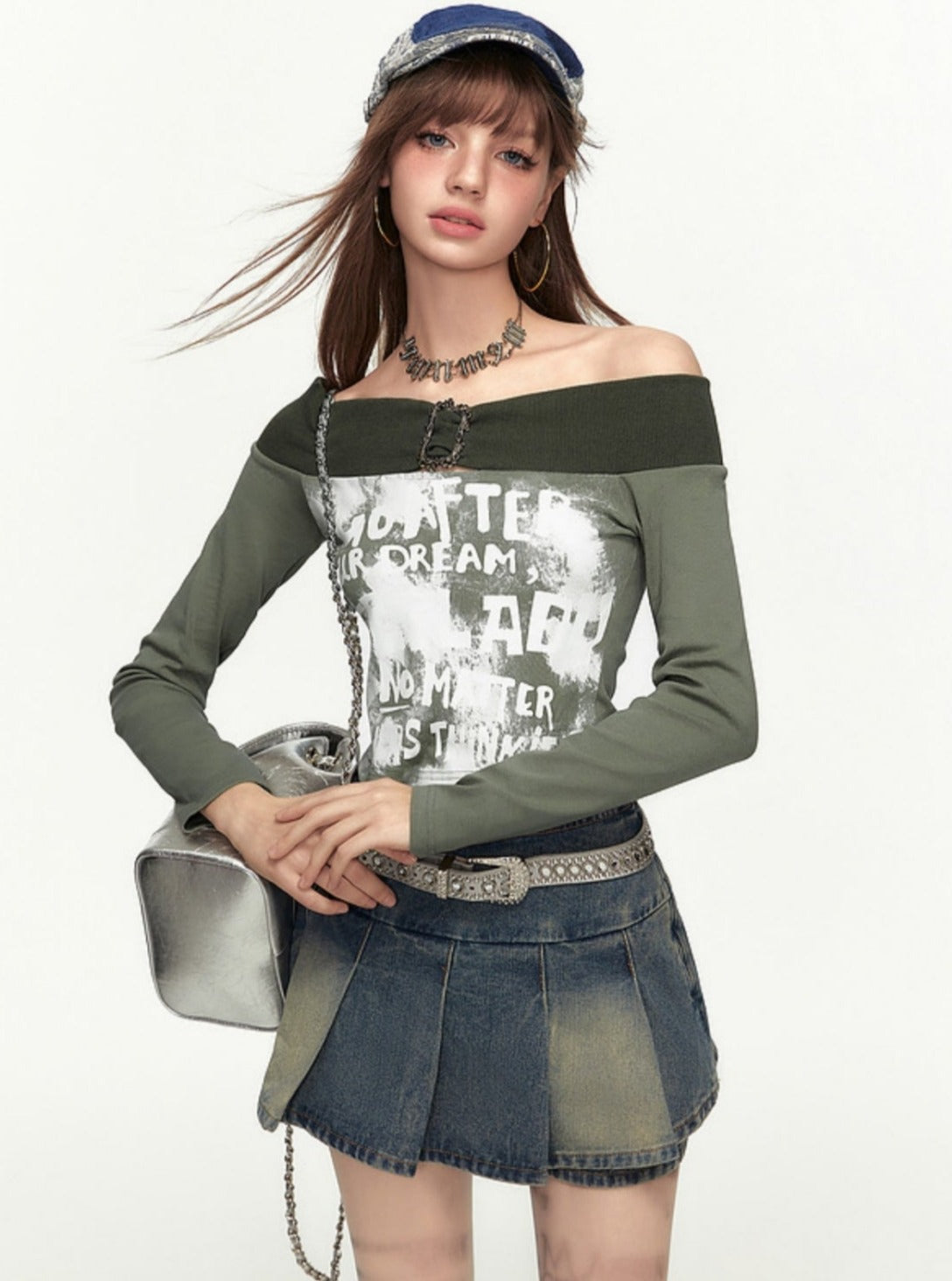 Retro One Shoulder Printed Long Sleeves T-shirt