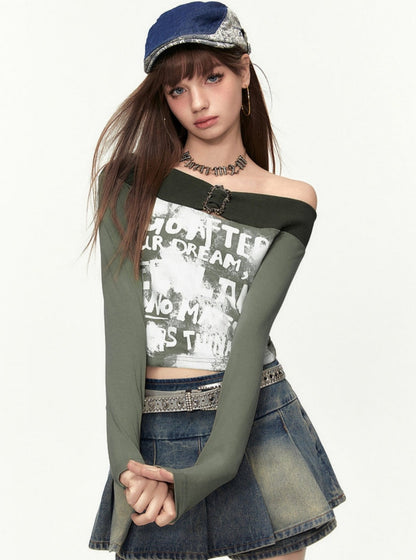 Retro One Shoulder Printed Long Sleeves T-shirt