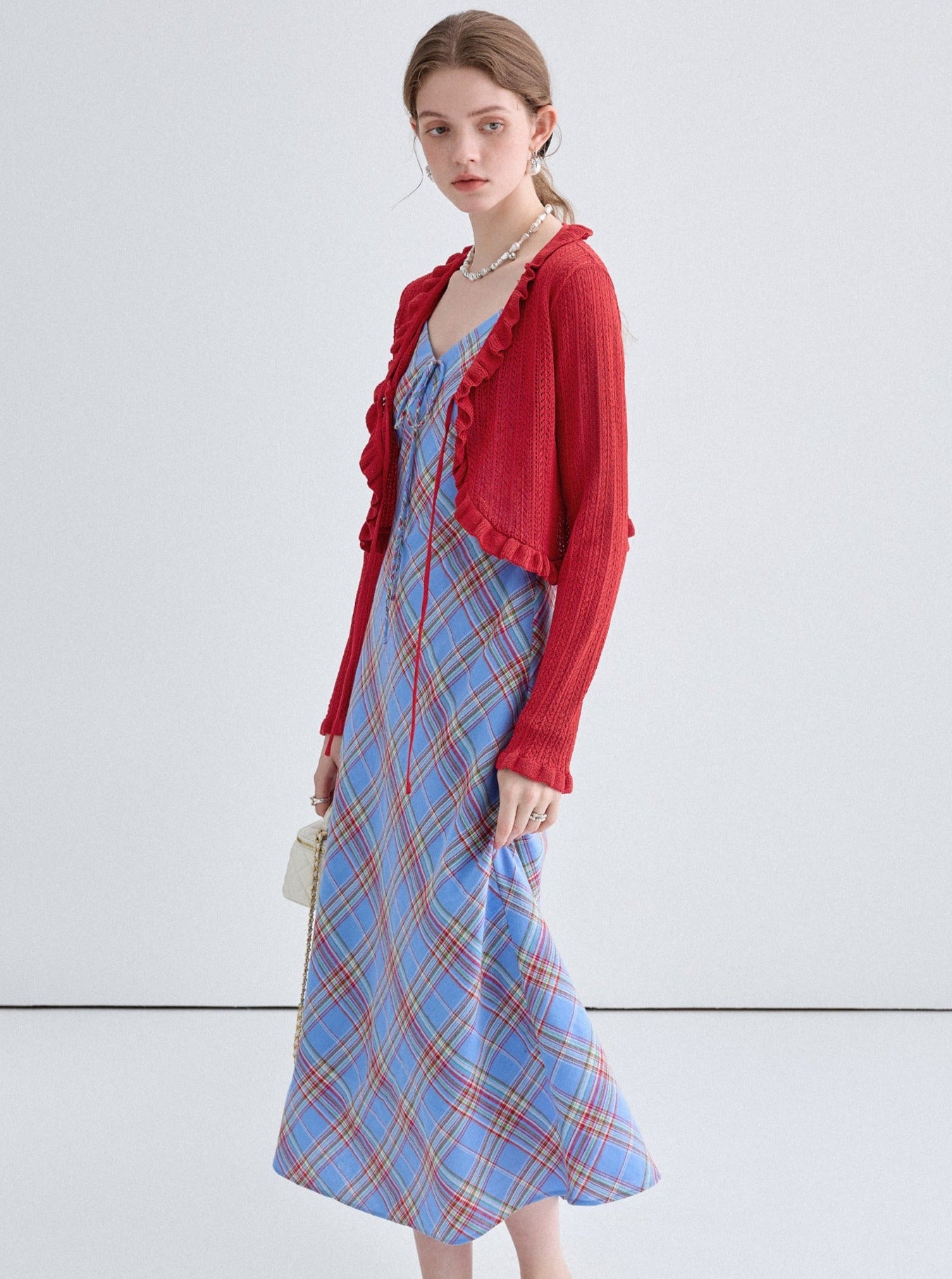 French Niche Cardigan With Check Slip Dress Set-Up