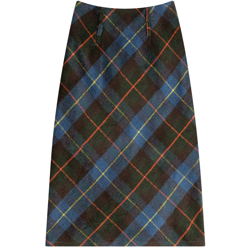 american retro high waist blue plaid skirt