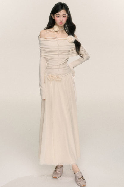 Long-Sleeve One-Shoulder Maxi Dress