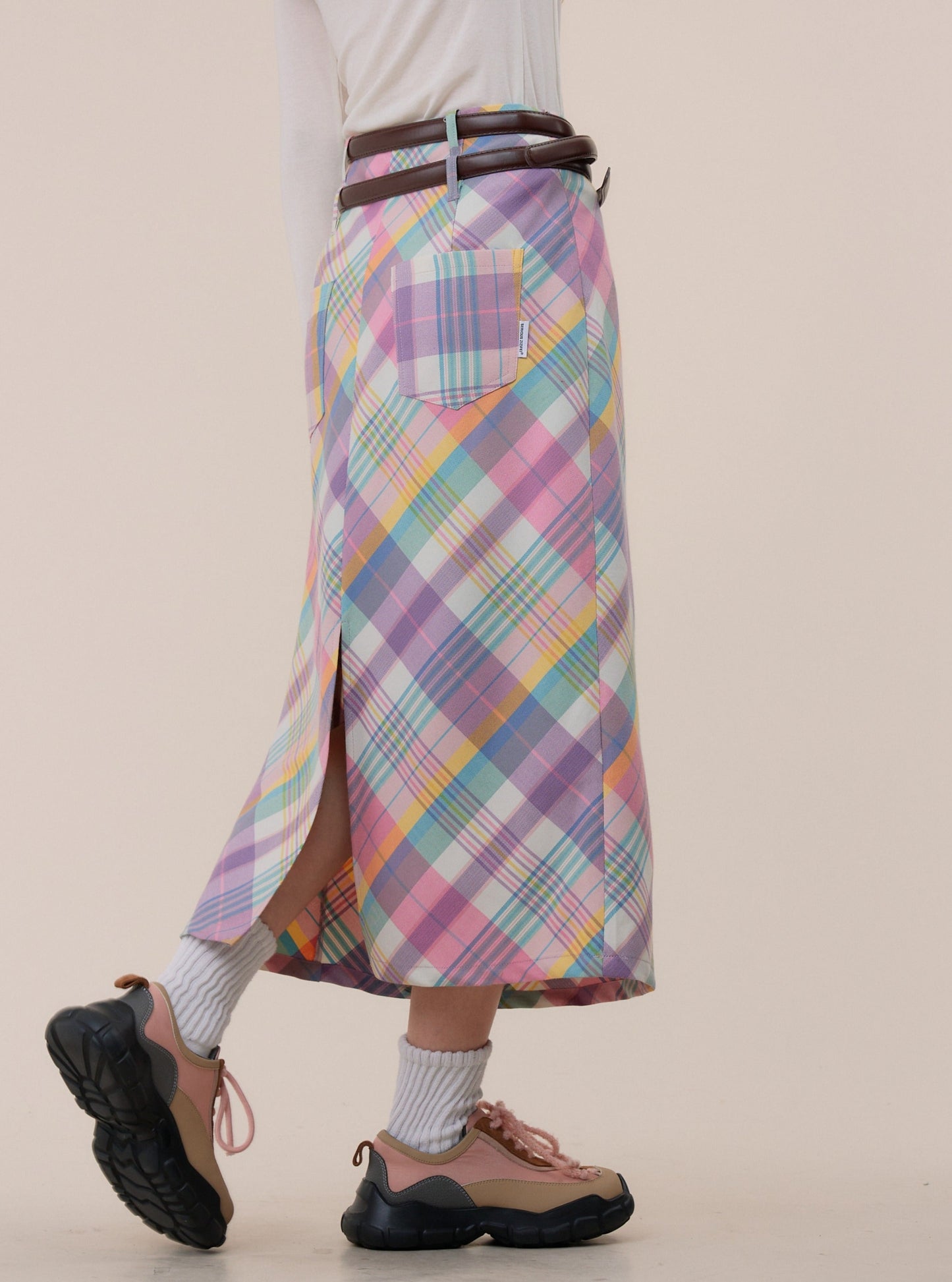 American retro high waist thin mid-length plaid skirt