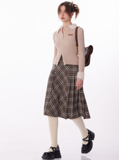 A-line plaid thickened pleated midi length Skirt