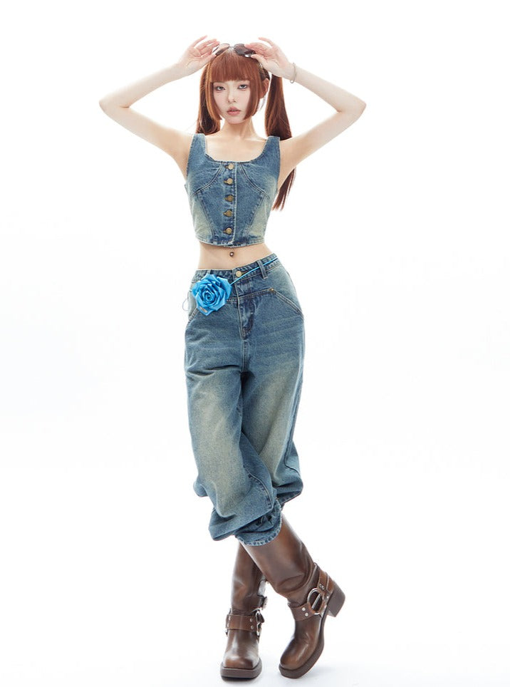 American Denim Vest Wide Leg Pants Set