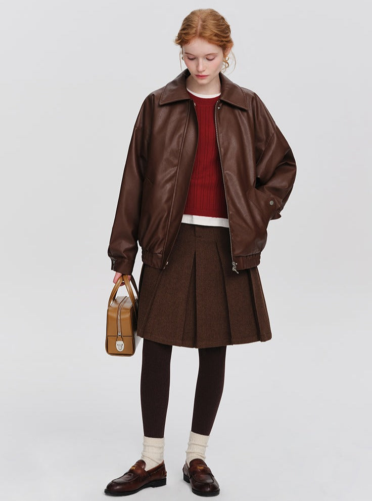 PU Brown Leather Coat