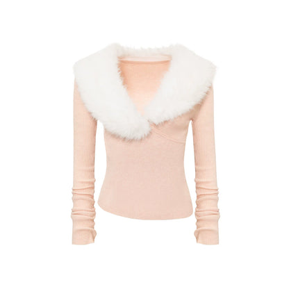 Pink Fur Collar Sweater With Fur Collar Set-Up