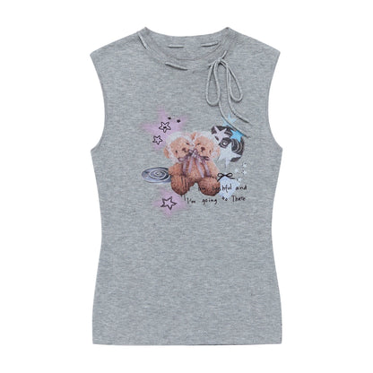 Bear Print Knitted Vest Top