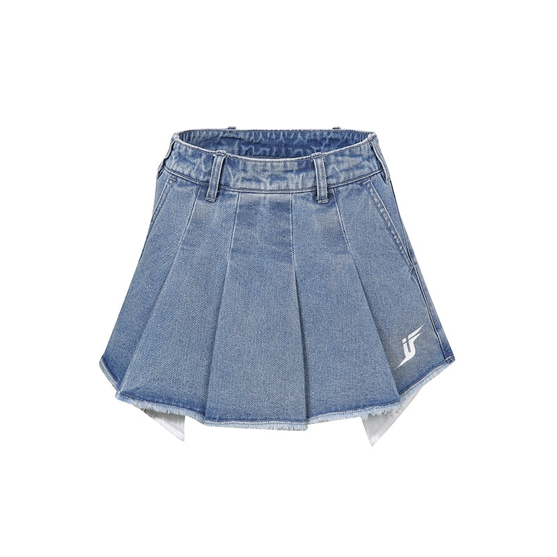 Washed Blue Pleated Denim Skirt