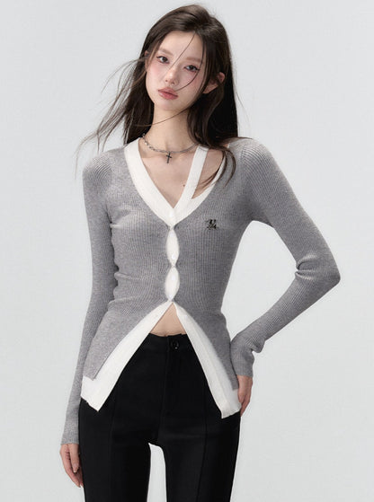 Cropped fake two irregular long sleeve knit top