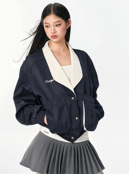 American Retro Lapel Short Navy Blue Jacket