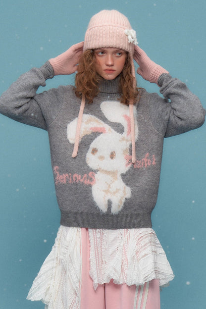 ziziFei autumn and winter American retro design high-quality plush rabbit soft and lazy gray turtleneck sweater women