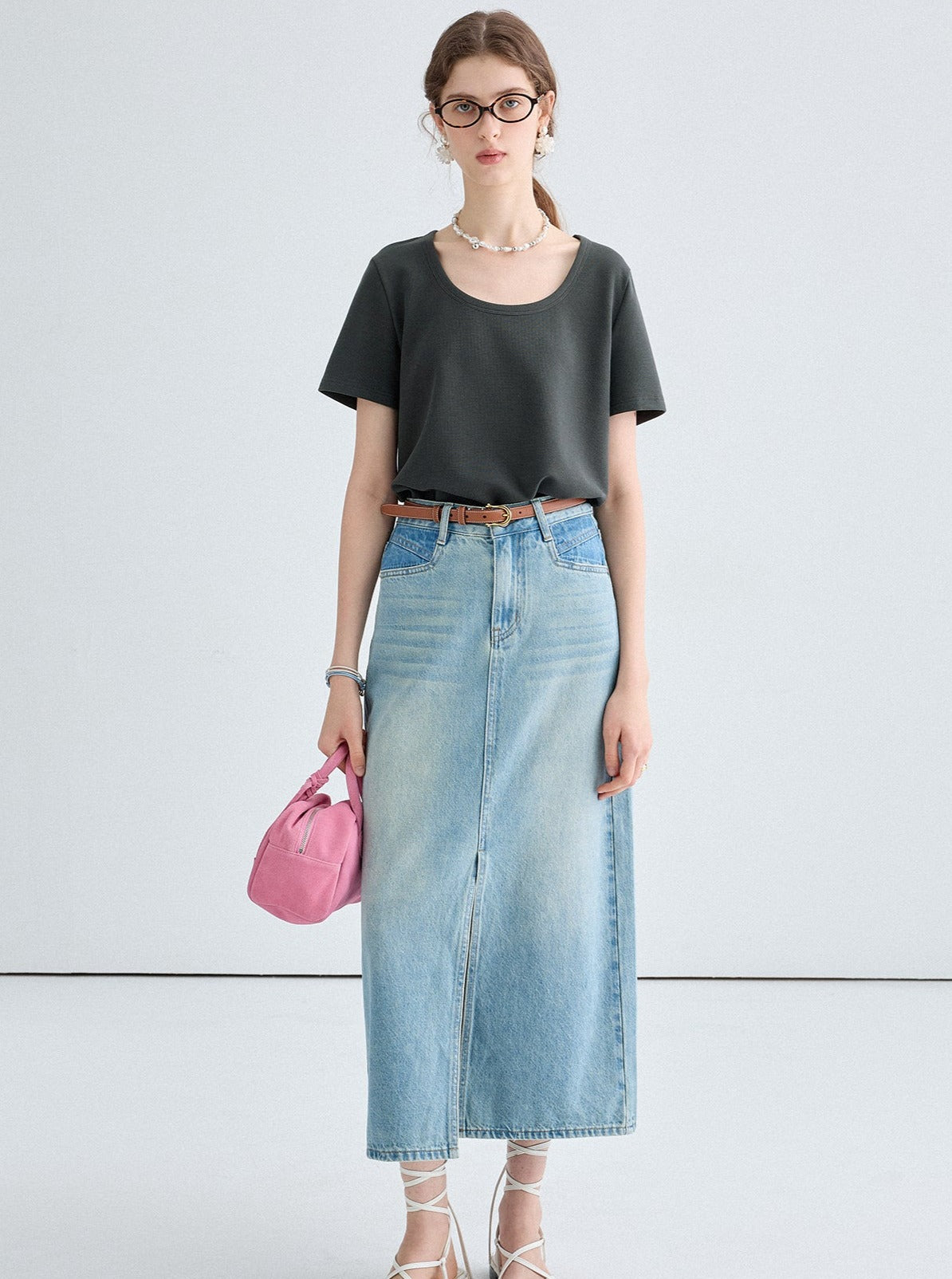 Front Slit Denim Maxi Skirt