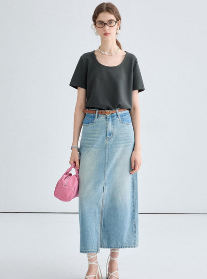 Front Slit Denim Maxi Skirt