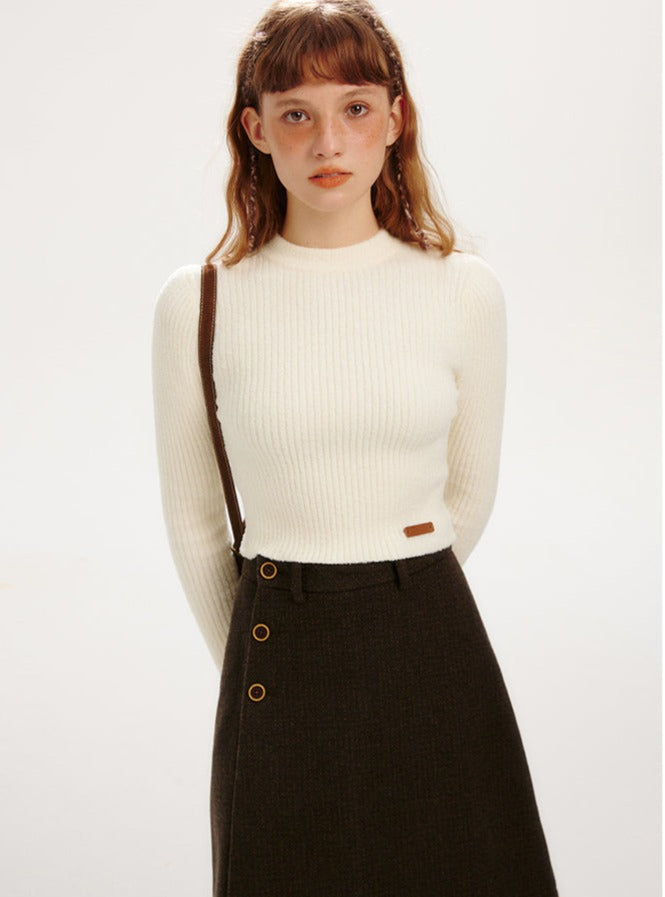 Vintage Half-Height Crewneck  Slim Fit Knitted Crop Top