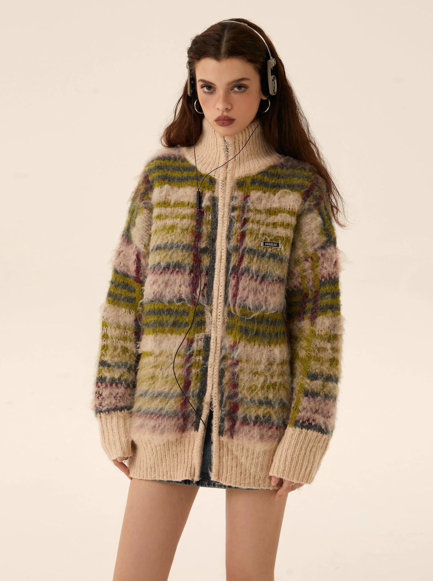 Cropped mohair knit cardigan zipper sweater coat