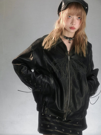 strappy loose leather jacket