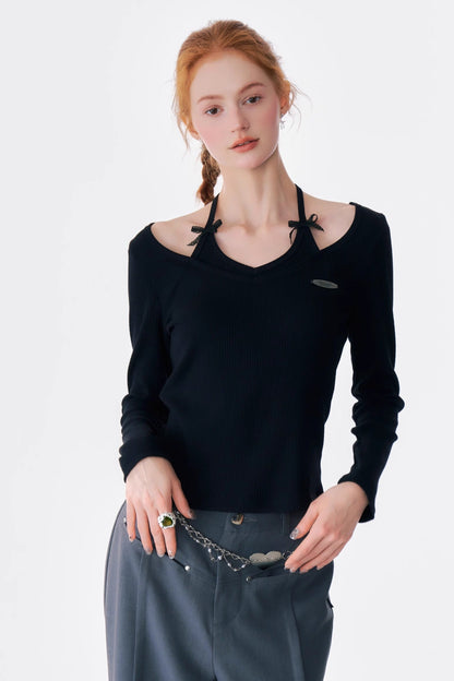 BOW HALTERNECK LONG SLEEVE KNITTED TOP