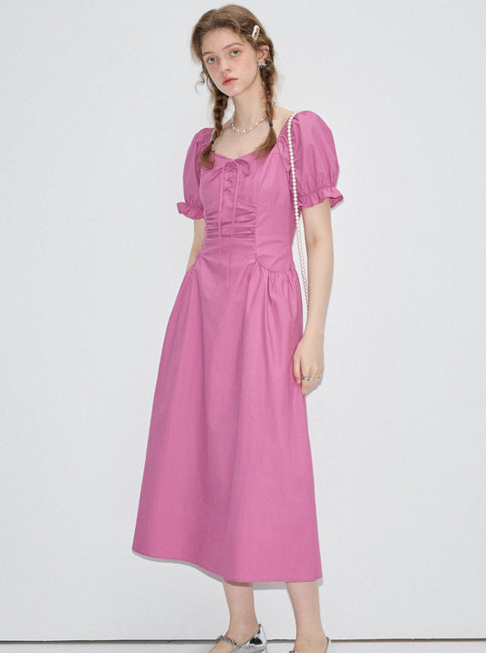 French Niche Cinched Waist Puff Sleeve Dress