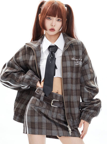 Vintage Plaid Coat Short Skirt Two Piece Set