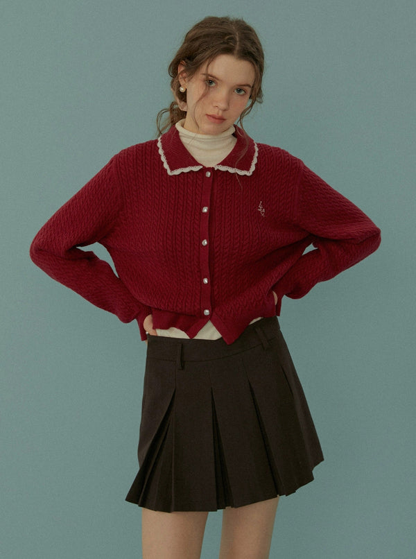 LACE COLLAR KNITTED LAPEL LONG SLEEVE CARDIGAN