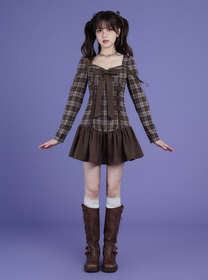 fighting spirit brown plaid bow dress