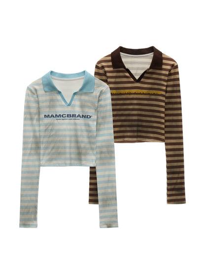 Distressed Striped Long Sleeve Polo Collar T-Shirt