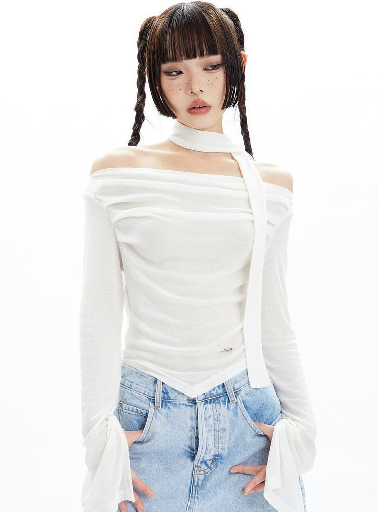 Off Shoulder Thin Long Sleeve with Scarf T-shirt