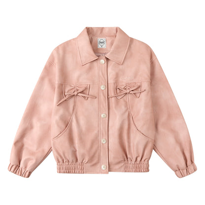 Bow Pocket Pink Alphabet Leather Jacket